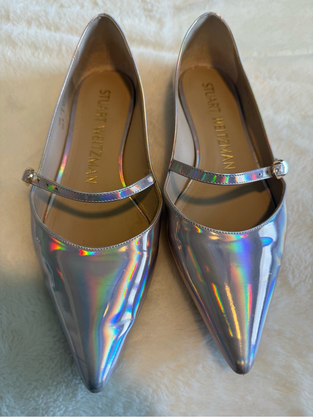Stuart Weitzman Iridescent Holographic Pointed Mary Jane Flats